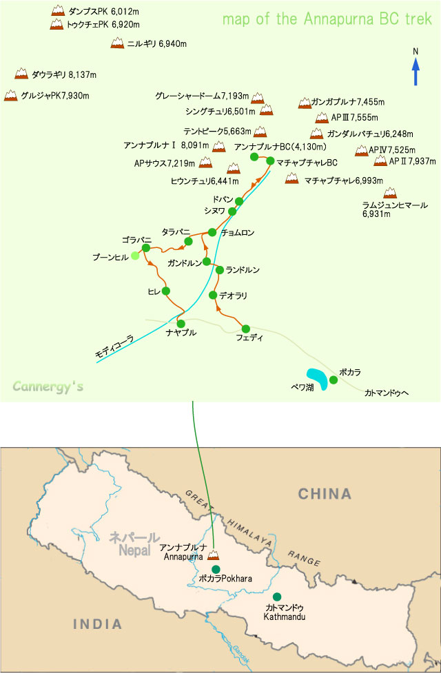 アンナプルナBCトレックのマップ／Map of AnnapurnaBC trek