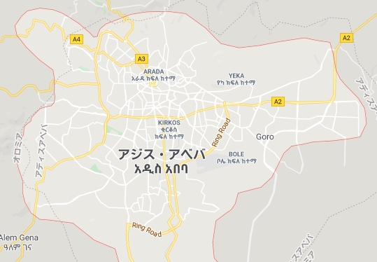 アジスアベバ付近のマップ（Googleマップのスクリーンショット）
