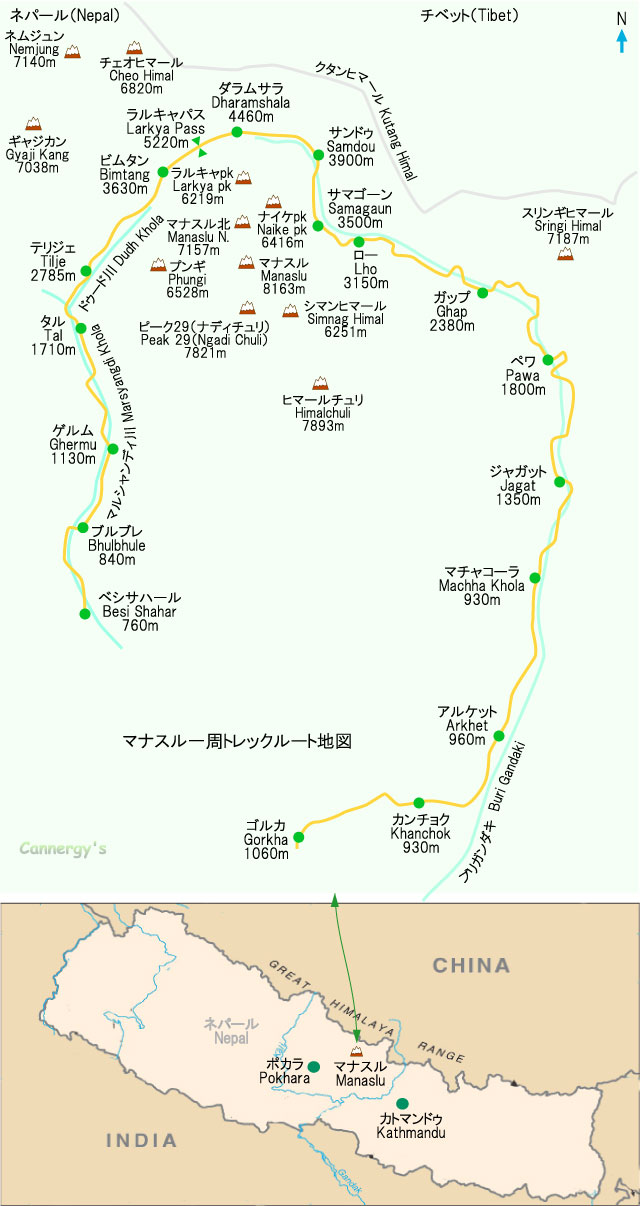 マナスルのマップ／Map of Manaslu