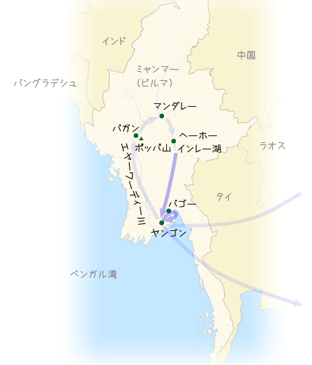 マンダレーからヤンゴン経由バゴーへの航路と道路略図