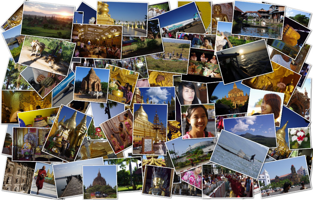 ミャンマー各地バガン，マンダレー，ヘーホー，インレー湖，バゴーのコラージュ写真