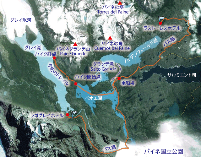 レイ湖ハイクの行程マップ（Google mapにGPSのトラックなど書き入れた図）