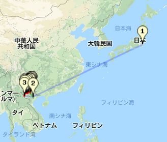 帰国のハノイ／成田間のマップ（Googleマップのスクリーンショット）