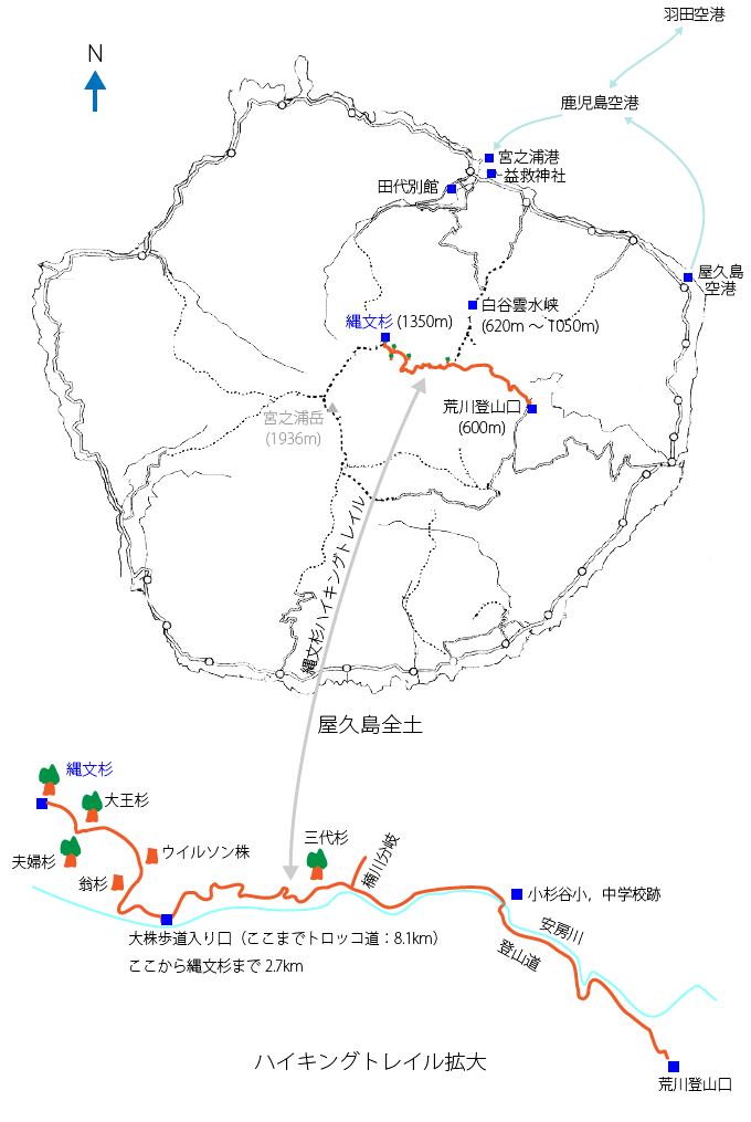 屋久島とハイキングトレイルのマップ／Map of Yakushima and hiking trail