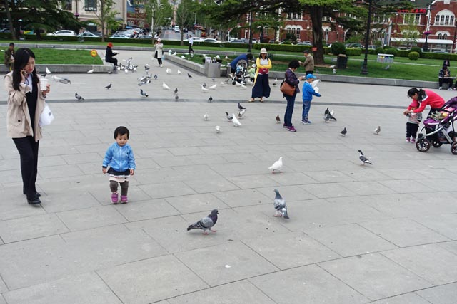 大連中山広場で遊ぶ親子（中国）